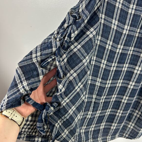 Free People Navy Blue Plaid Nordic Day Tie Hem Button Front Shirt Size Small - Picture 7 of 8